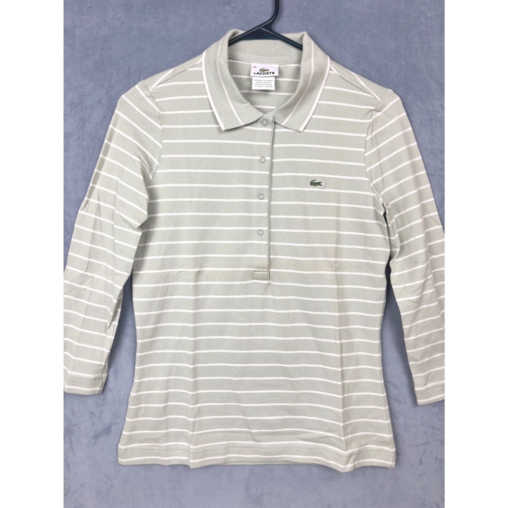 Lacoste Womens Striped Long Sleeve Polo Shirt Sage Green White Size 40 France